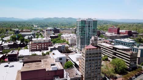 Aerial-Pullout-Asheville-NC-Skyline,-Asheville-North-Carolina