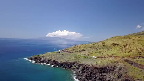 Drone-over-Hawaiian-island-coast-line-with-cliffs