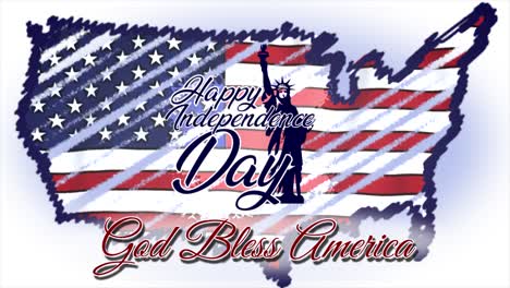 Patriotische-Animierte-Bewegungsgrafik-Für-Den-4.-Juli,-Mit-Stars-And-Stripes-Themenkarte-Der-USA-Im-Scribble-Stil,-Mit-Botschaften-Der-Freiheitsstatue-Und-Des-Happy-Independence-Day-Und-God-Bless-America