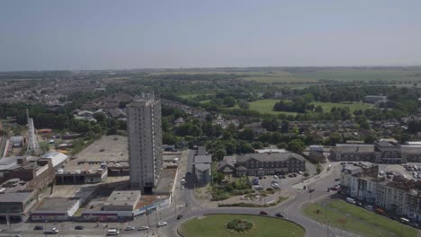 Aerial-crane-up-shot-of-Margate-Kent-town-outskirts-and-Arlington-House