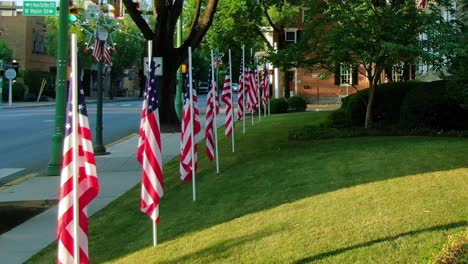 Reihe-Amerikanischer-Flaggen-Auf-Dem-Rasen-In-Der-Nähe-Des-Bürgersteigs-In-Lititz-Am-Unabhängigkeitstag