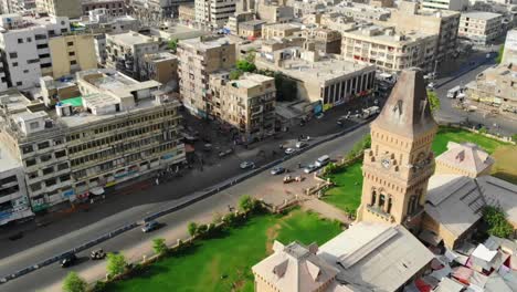 Aerial-View-Over-Empress-Market-And-Clock-Tower-In-Saddar-Town