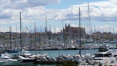 Waterfront-Palma,-Mallorca-marina,-yachts-boats-and-cityscape,-static