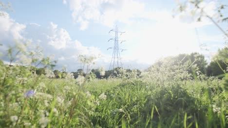 Stromleitungen-Elektrischer-Pylon-An-Einem-Sonnigen-Tag-Auf-Der-Grünen-Wiese