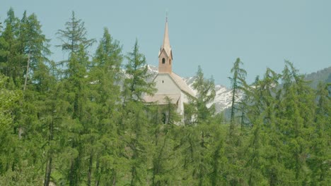 Medium-shot,-Trees-blow-in-the-wind-on-a-sunny-day-in-Italy,-church-tower-and-mountain-range-next-to-Reschensee-in-the-background