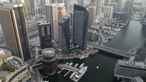 Aerial-Establishing-View-of-Impressive-Tall-Skyscrapers,-Dubai-Marina