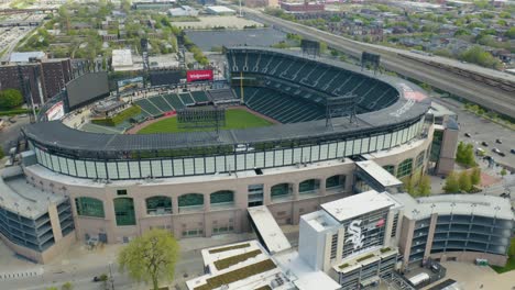 Drone-Orbiting-Above-Guaranteed-Rate-Field-in-Chicago,-Illinois