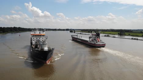 Aerial-View-Of-Speciality-Oil-Tanker-Passing-Delfborg-Ship-On-Oude-Maas