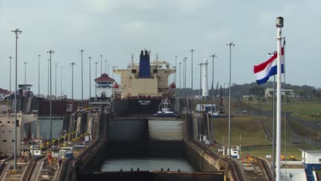 Oil-tanker-transiting-the-second-chamber-at-Gatun-Locks,-Panama-Canal