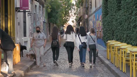 Friends-walking-on-a-cobblestone-street-in-the-city