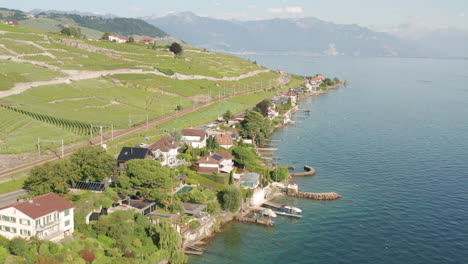 Aerial-of-houses-at-lake-in-beautiful-Swiss-countryside