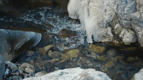 small-water-flow-between-stones-in-a-frozen-river,-close-up,-slow-motion