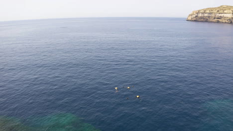 Scuba-divers-with-buoys-diving-in-sea-near-a-rocky-cliff,aerial-zoom