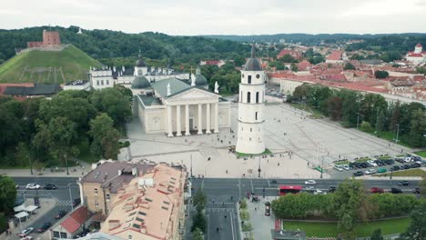AERIAL:-Biggest-Tourist-Attraction-in-Vilnius---Cathedral-Square-with-Bell-Tower-on-a-Summer-Evening