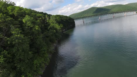 Shoreline-drone-video-in-the-Allegheny-National-Forest-and-river-in-Pennsylvania