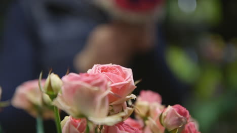 Florist-working-on-flower-bouquet-in-the-background-of-some-beautiful-roses