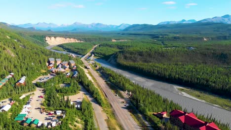 4K-Drone-Video-of-Denali-Park-Village-along-the-Nenana-River-on-the-George-Parks-Highway-Alaska-Route-3-Near-Denali-State-Park,-AK