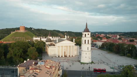 AERIAL:-Vilnius-Cathedral-and-Bell-Tower-in-Summer-During-Golden-Hour-Time