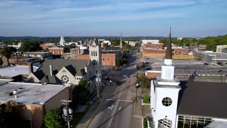 Aerial-of-church-steeples-dotting-the-skyline-in-bowling-green-kentucky
