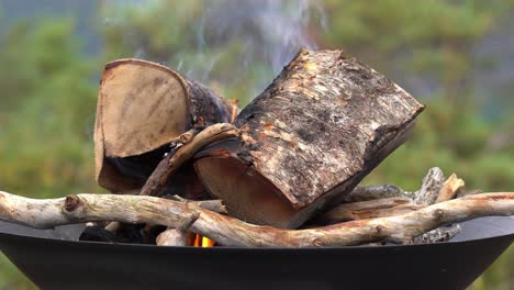 Bonfire-burning-slowly-inside-metal-pan-at-camping-trip-in-nature---Closeup-static-of-burning-chunks-of-wood-with-blurred-nature-in-background