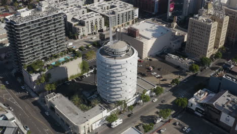 A-slow-aerial-view-of-the-Capitol-Records-Tower-in-Hollywood-California