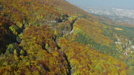 Fliegen-über-Einer-Windigen-Bergstraße-Im-Bunten-Herbstwald,-Antenne