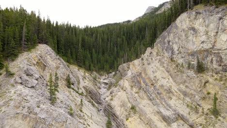 Aerial-pull-in-movement-in-4k-towards-a-steep-rocky-gorge-in-front-of-vast-and-untouched-coniferous-forests-in-the-Canadian-Rocky-Mountains