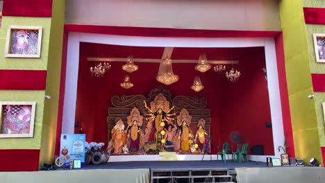 Kolkata,-West-Bengal,-India--12th-October,-2021-:Beautifully-decorated-Durga-Puja-pandal-at-evening-with-idol-of-Goddess-Durga-inside