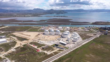 Aerial-View-Of-Ploce-Harbour-Oil-Tank-Storage-Overlooking-Adriatic-Sea-In-Croatia