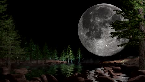 Full-Moon-And-Stars-Are-Shining-In-The-Sky-over-the-pine-trees-and-river