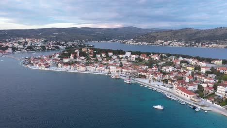 Aerial-View-On-The-Scenic-Town-Of-Rogoznica-On-The-Dalmatian-Coast-In-Croatia---drone-shot