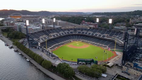 Aerial-view-over-the-PNC-Park,-Pittsburgh-Pirates-MLB-ballpark---orbit,-drone-shot