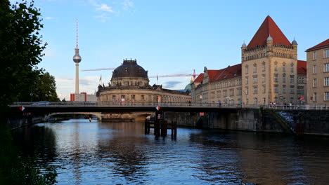 City-of-Berlin-at-dusk-in-Germany,-skyline-at-river-Spree-with-Bode-Museum-And-Television-Tower