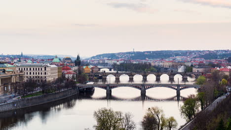 Prague-bridges-timelapse,-static-view-from-Letna-outlook,-Czech-Republic