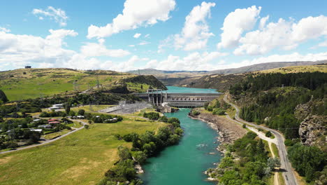 Renewable-power-production-in-Roxburgh-Hydro-Dam,-Clutha-River,-New-Zealand,-drone-view