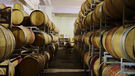 A-POV-shot-of-wine-cask-arranged-in-a-wine-cellar