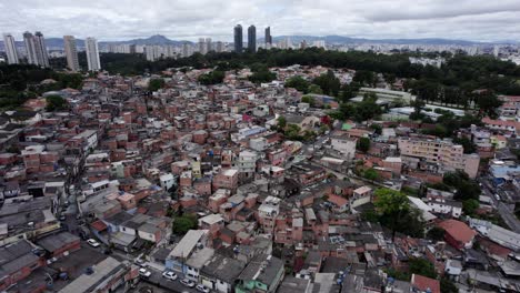 Aerial-view-around-a-slum-town,-poverty-in-Sao-Paulo,-Brazil---circling,-drone-shot