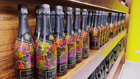 A-shot-of-wine-bottles-designed-artistically-in-a-Sula-store-Mumbai
