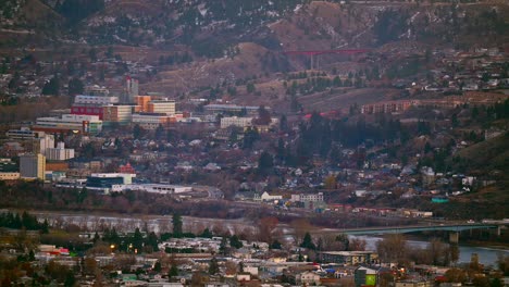 A-Zoomed-In-View-of-the-Sunset-Over-Downtown-Kamloops,-British-Columbia,-Canada