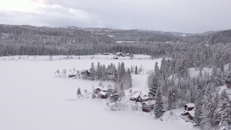 Cabins-Surrounded-With-Trees-Covered-With-Snow-In-Winter-In-Indre-Fosen,-Norway---aerial-drone-shot