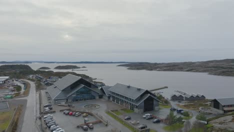 Panorama-hotel-and-resort-by-Austefjorden-in-Sotra-Oygarden-Norway---Aerial-showing-hotel-buildings-exterior