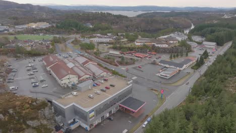 Skogsvag-center-in-Oygarden-Norway---Aerial-general-overview-of-buildings-and-traffic