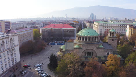 -Aerial-view-of-the-capital-of-Bulgaria,-Sofia,-Sveta-Nedelya-Square-and-the-church