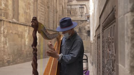 Mann,-Der-Auf-Der-Straße-In-Barcelona-Als-Musikant-Unterwegs-Ist-Und-Das-Harfeninstrument-Spielt