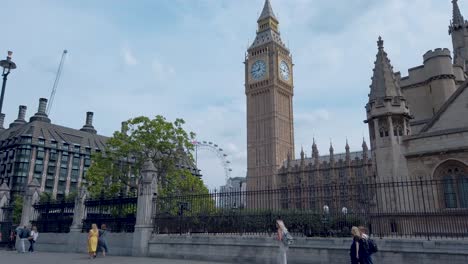 Walk-next-to-Big-Ben-with-the-Palace-of-Westminster-in-front-and-the-London-eye-in-the-background-and-people-walking