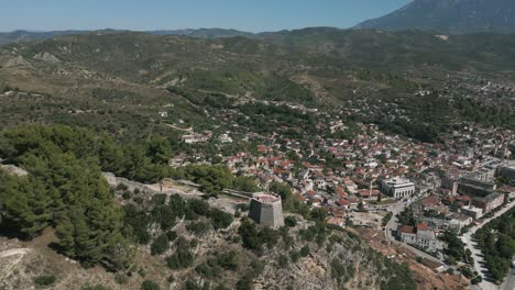 Aerial-shot-of-viewpoint-above-Berat-city-with-ancient-buildings-below