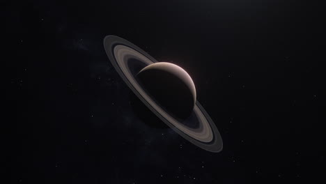 Planet-Saturn-Geht-Von-Nacht-Zu-Tag-Mit-Kamera,-Die-Sich-Dreht-Und-Mit-Sonneneruption-Und-Milchstraßenhintergrund-Drückt---Weltraumanimation-4k