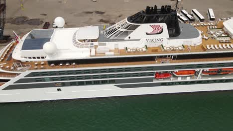 Deck-of-luxury-cruise-ship-from-above,-aerial-drone-view