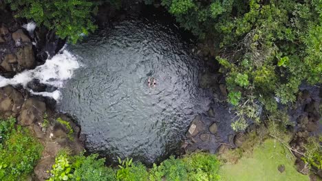 A-couple-enjoying-their-time-together-in-a-jungle-swimming-hole-with-a-rushing-waterfal-in-Honolulu-Hawaii-at-Ginger-Pond-off-the-Nu'uanu-Trail,-AERIAL-TOP-DOWN-RAISE
