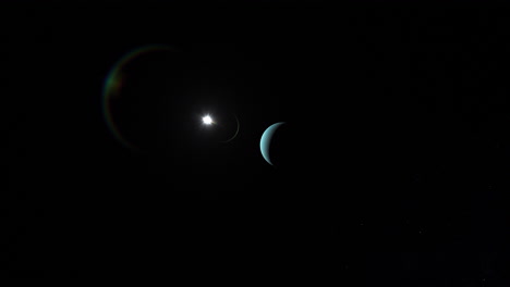 Planet-Uranus-Mit-Kamera-Nähert-Sich-Schnell-Mit-Weit-Entfernter-Sonneneruption-Mit-Realistischen-Linsenartefakten---3d-raumanimation-4k